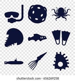 Underwater icons set. set of 9 underwater filled icons such as octopus, extinct sea creature, extinct fish, submarine, underwater mask