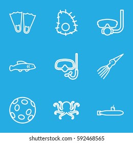 underwater icons set. Set of 9 underwater outline icons such as octopus, extinct sea creature, extinct fish, submarine, snorkel, underwater mask