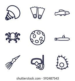 underwater icons set. Set of 9 underwater outline icons such as octopus, extinct sea creature, extinct fish, submarine, snorkel