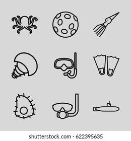 Underwater icons set. set of 9 underwater outline icons such as octopus, extinct sea creature, submarine, snorkel, underwater mask