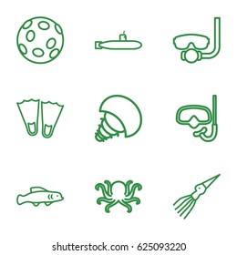 Underwater icons set. set of 9 underwater outline icons such as octopus, extinct sea creature, extinct fish, submarine, snorkel, underwater mask