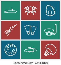 Underwater icons set. set of 9 underwater outline icons such as octopus, extinct sea creature, extinct fish, submarine, underwater mask