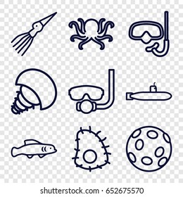 Underwater icons set. set of 9 underwater outline icons such as octopus, extinct sea creature, extinct fish, submarine, snorkel