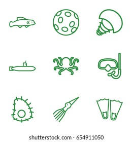 Underwater icons set. set of 9 underwater outline icons such as octopus, extinct sea creature, extinct fish, submarine, snorkel