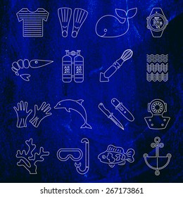 Underwater icons set on the dark blue background