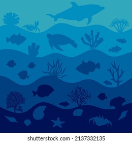 Underwater illustration with animals, fish and corals. Marine vector background.