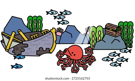 An underwater illustration background featuring a sunken ship and sea creatures.