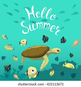 Underwater illustration with bright fishes and cartoon turtle. "Hello summer" collection.