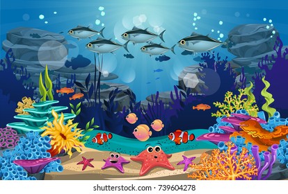 underwater illustration and life. the beauty of marine life. fish, algae and coral reefs are beautiful and colorful