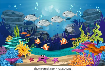 underwater illustration and life. the beauty of marine life. fish, algae and coral reefs are beautiful and colorful