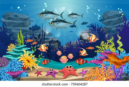 underwater illustration and life. the beauty of marine life. fish, algae and coral reefs are beautiful and colorful