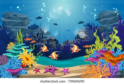 underwater illustration and life. the beauty of marine life. fish, algae and coral reefs are beautiful and colorful