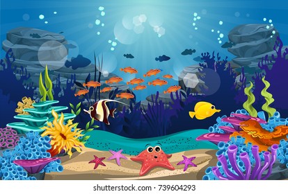 underwater illustration and life. the beauty of marine life. fish, algae and coral reefs are beautiful and colorful