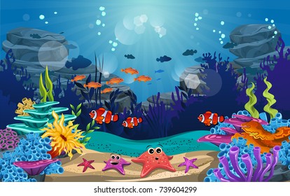 underwater illustration and life. the beauty of marine life. fish, algae and coral reefs are beautiful and colorful