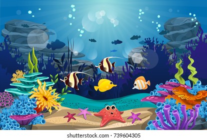 underwater illustration and life. the beauty of marine life. fish, algae and coral reefs are beautiful and colorful