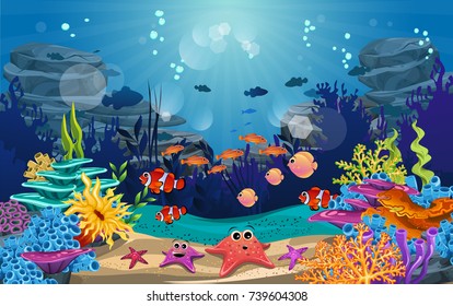 underwater illustration and life. the beauty of marine life. fish, algae and coral reefs are beautiful and colorful