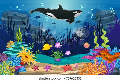 underwater illustration and life. fish, algae and coral reefs are beautiful and colorful