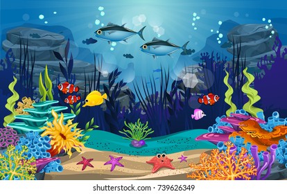 underwater illustration and life. fish, algae and coral reefs are beautiful and colorful