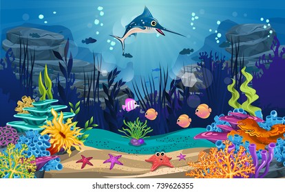 underwater illustration and life. fish, algae and coral reefs are beautiful and colorful