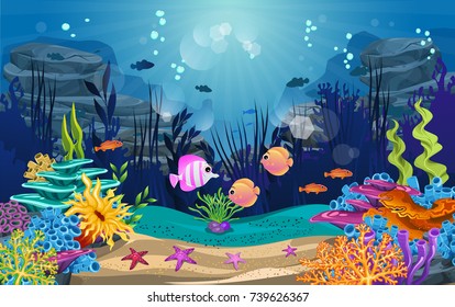 underwater illustration and life. fish, algae and coral reefs are beautiful and colorful