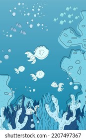 Underwater illustration, scene of reef with corals, seaweed, bubbles and swimming fish, colored in blue. Decorative art, wallpaper, banner.