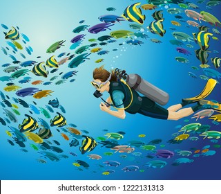 Underwater illustration with scuba diver and colorful school of fishes on a blue sea background. Vector marine life. Underwater nature seascape image.