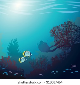 Underwater illustration - silhouette of diver and coral reef with fishes. Vector seascape image.