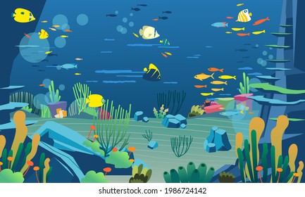 underwater illustration with various animals, marine plants, and coral reefs. used for website image, info graphic and other