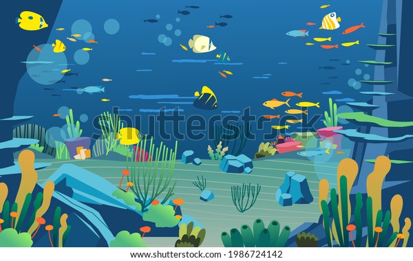 underwater\
illustration with various animals, marine plants, and coral reefs.\
used for website image, info graphic and\
other