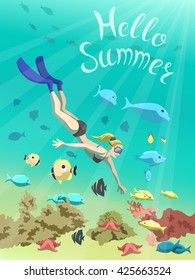 Underwater illustration of a young lady snorkeling with sea animals. "Hello, summer" illustration.