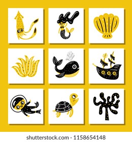 Underwater illustrations set. Cute child cards. Vector prints