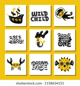 Underwater illustrations set. Cute child cards. Vector prints