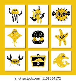 Underwater illustrations set. Cute child cards. Vector prints