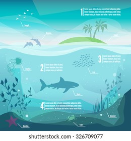 Underwater infographics. Landscape of marine life - Island in the ocean and underwater world with different animals. Low polygon style flat illustrations. For web and mobile phone,print.