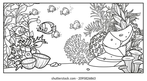 Underwater inhabitants against the backdrop of the seabed of corals, algae, sponges, stones and anemones  outlined variation for coloring page