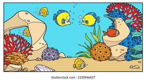 Underwater inhabitants against the backdrop of the seabed with corals, algae, stones, seashell and anemones color variation for coloring page
