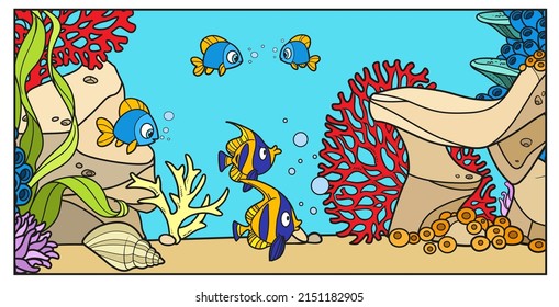 Underwater inhabitants against the backdrop of the seabed with corals, algae, stones and seashell color variation for coloring page 