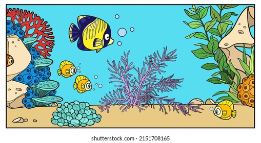 Underwater inhabitants against the backdrop of the seabed of corals, algae and anemones color variation for coloring page