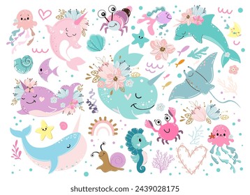 Underwater inhabitants in boho style. Vector illustration. Whale, narwhal, jellyfish, seahorse, starfish and fish