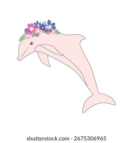 Habitantes subaquáticos em estilo boho. Ilustração vetorial animais com flores. golfinho