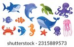 Underwater inhabitants. Cartoon aquatic animal inhabit sea nature, adorable fish ocean creatures marine animal characters crab squid octopus, ingenious vector illustration of underwater aquatic marine