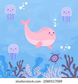 Underwater inhabitants concept. Beautiful pink whale surrounded by smiling cute jellyfish. Wild animals with kawaii emotions. Design element for postcards, covers. Cartoon flat vector illustration