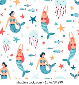 Underwater inhabitants flat vector seamless pattern. Mermaid with seashell bra and tail. Colorful undersea world fairy tale cartoon characters, jellyfish and starfish on white background.