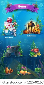 Underwater item set - snowman, cake, gifts, lamp, lantern, rock, stones, algae, amphora, bubbles. Bright image to create original video or web games graphic design screen savers