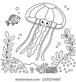 Underwater Jellyfish Hand Drawn Adult Coloring Book Page