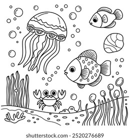 Underwater Jellyfish Hand Drawn Adult Coloring Book Page