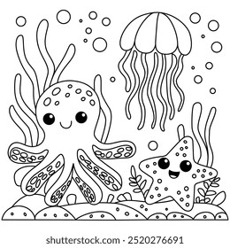 Underwater Jellyfish Hand Drawn Adult Coloring Book Page