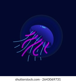 Água-viva submarina ou medusa. Animal marinho com tentáculos submarinos. Espécies gelatinosas. Fauna do mar, invertebrados. Ilustração vetorial plana colorida isolada em fundo escuro.
