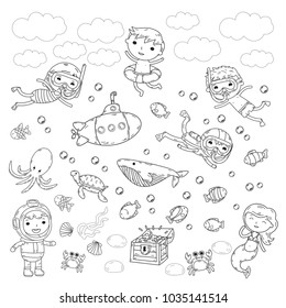 Underwater. Kids waterpark. Sea and ocean adventure. Summertime. Kids drawing. Doodle image. Cartoon creatures with children. Boys and girls swimming