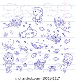 Underwater. Kids waterpark. Sea and ocean adventure. Summertime. Kids drawing. Doodle image. Cartoon creatures with children. Boys and girls swimming